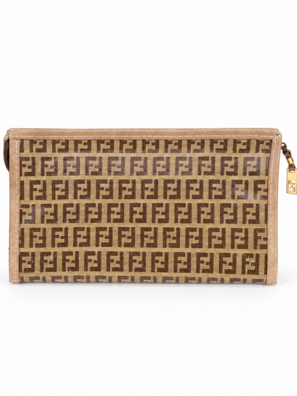Vintage Fendi Zucca FF Monogram Canvas Zip Pouch Clutch Brown Tan
